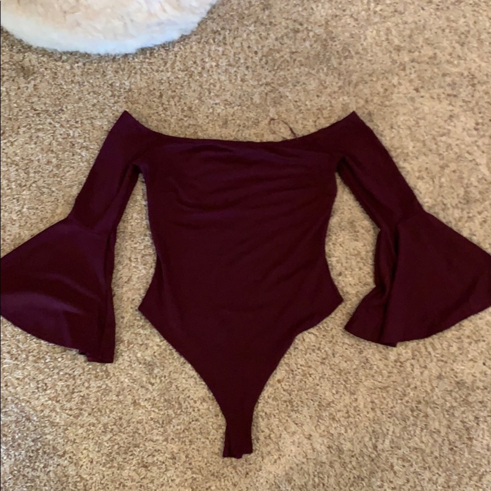 Off the shoulder body suit with bell bottom arms
